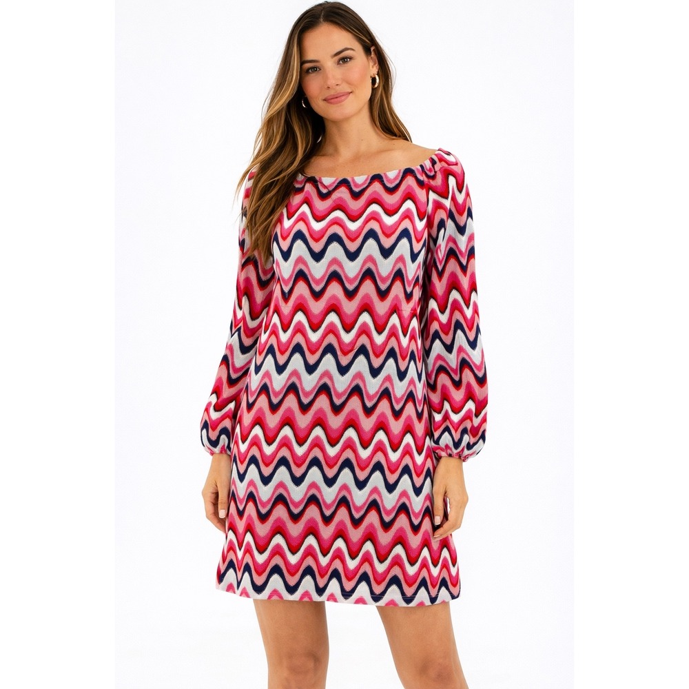 Trina Turk Pink Chevron Zigzag Knit Mini Dress Boat Neck Long‎ Sleeve Size 0